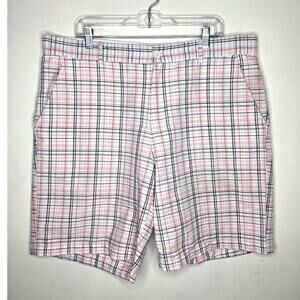 Greg Norman white pink grey plaid flat front golf athletic shorts - 38